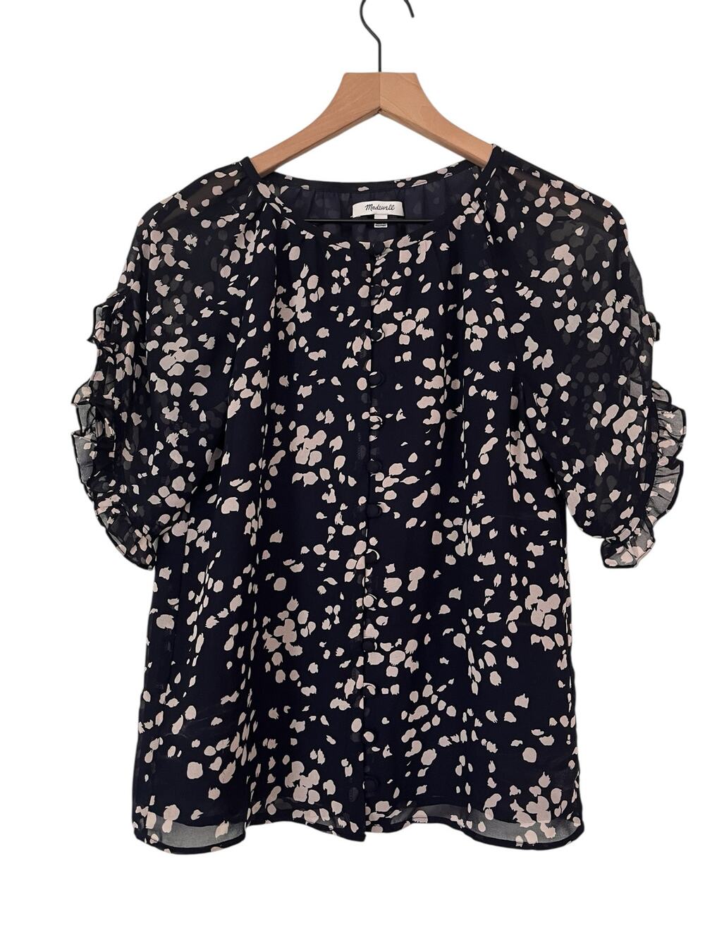 Madewell Memento Ruffle-Sleeve Top in Drifting Petals Navy Blue Cream Size Small